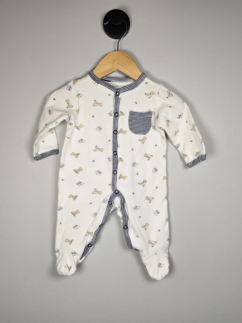 First Impressions White Footed One-Piece with Navy Trim and Puppy Print